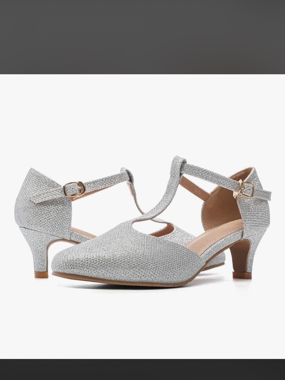 Silver Low Heel T-Strap Women's Dress Shoes